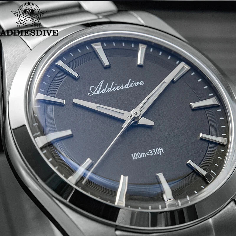 ADDIESDIVE AD2066 36MM bubble mirror glass macro close-up of dark grey dial showing applied indices and Addiesdive signature