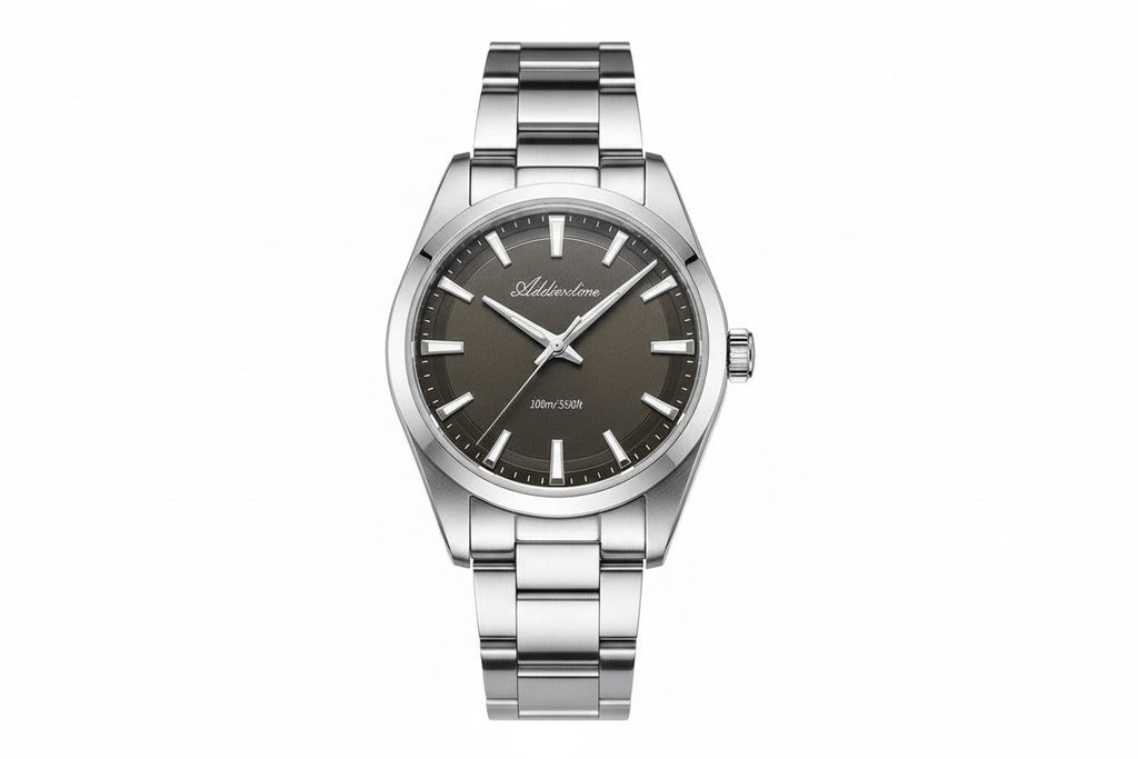 ADDIESDIVE AD2066 36MM bubble mirror glass with dark grey dial, silver case and steel oyster bracelet, front view
