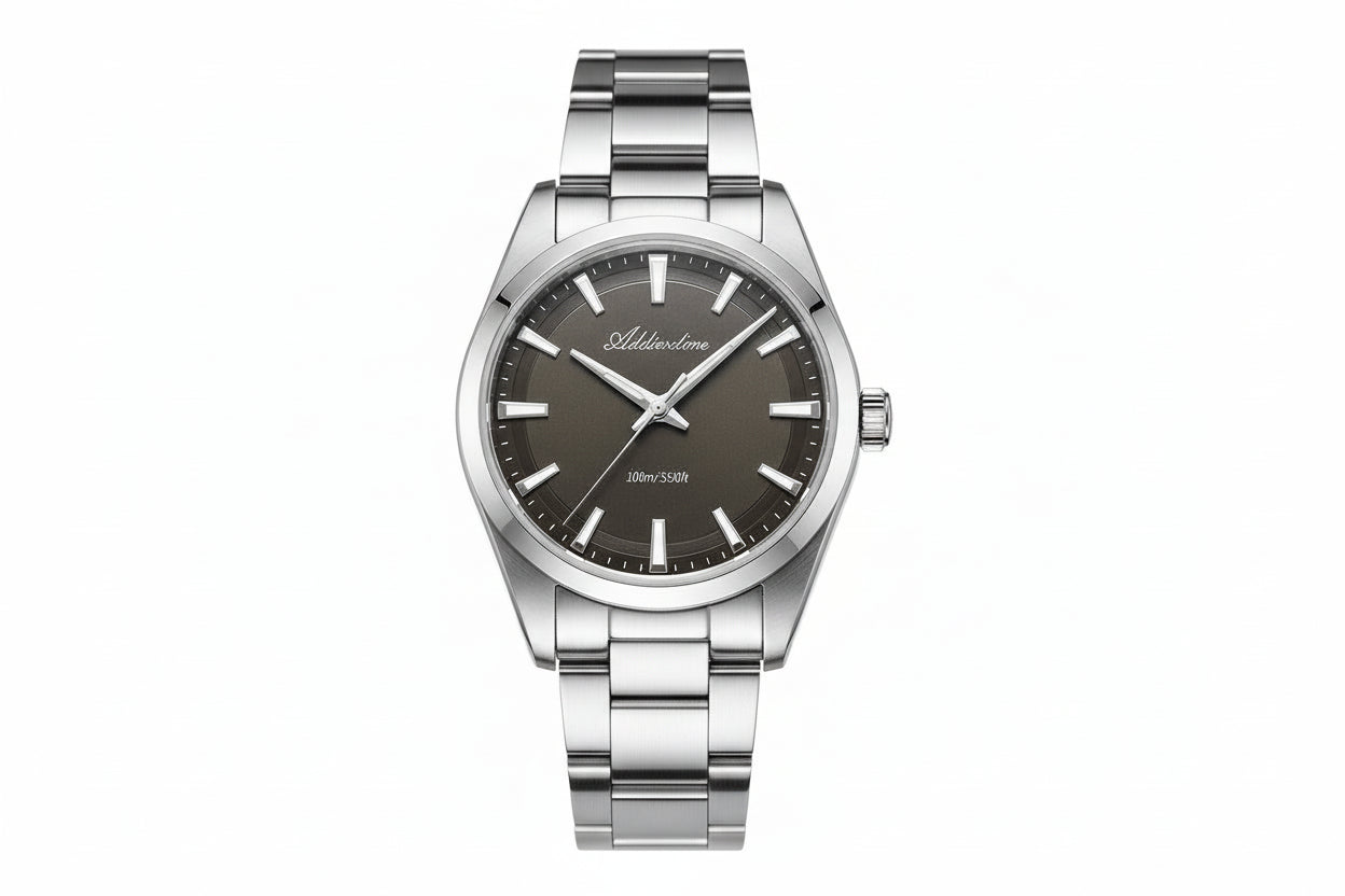 ADDIESDIVE AD2066 36MM bubble mirror glass with dark grey dial, silver case and steel oyster bracelet, front view
