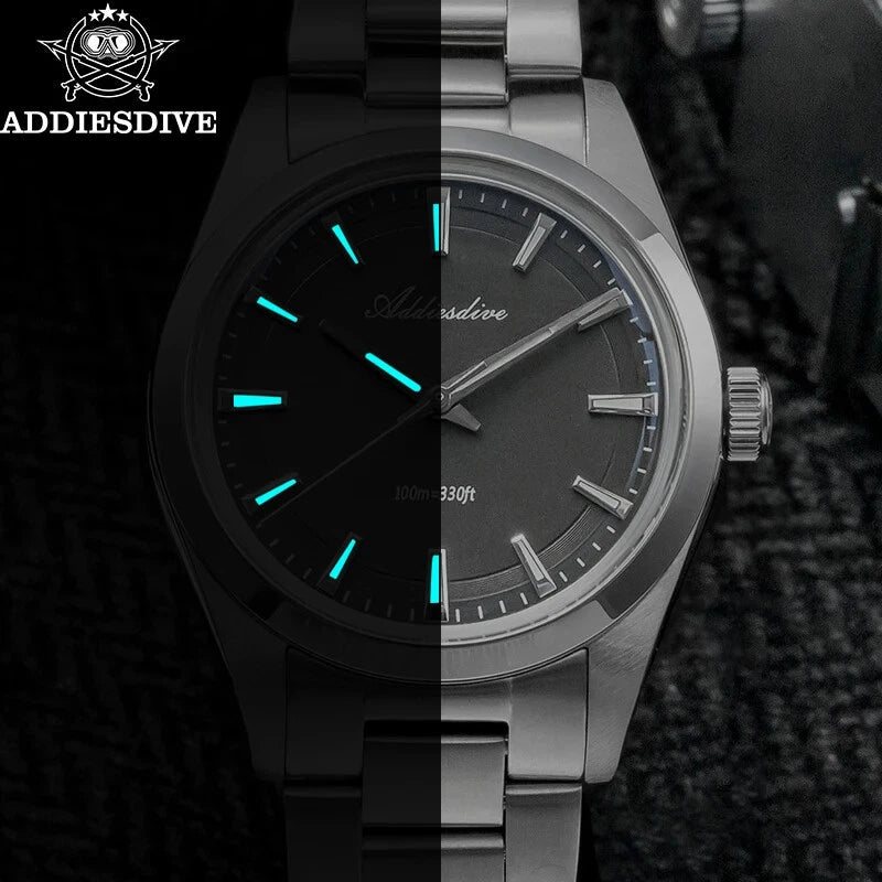 ADDIESDIVE AD2066 36MM bubble mirror glass split view showing cyan luminous indices and hands in dark vs daylight