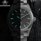 ADDIESDIVE AD2066 36MM bubble mirror glass split view showing cyan luminous indices and hands in dark vs daylight