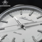 ADDIESDIVE AD2066 36MM bubble mirror glass macro close-up of white dial showing applied indices and signed hands