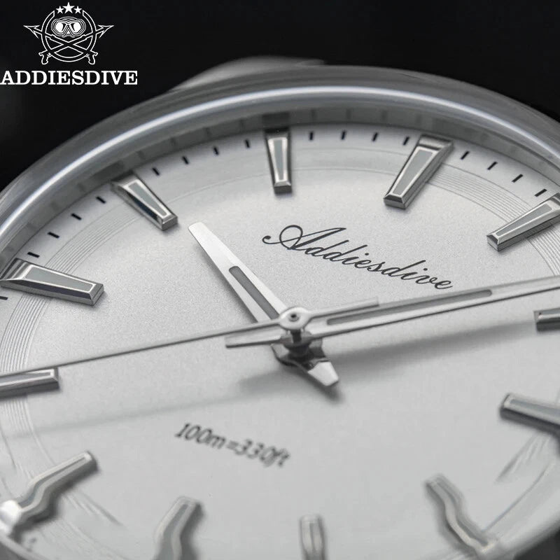 ADDIESDIVE AD2066 36MM bubble mirror glass macro close-up of white dial showing applied indices and signed hands