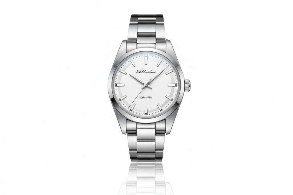 ADDIESDIVE AD2066 36MM bubble mirror glass with white dial, silver case and steel oyster bracelet, front view