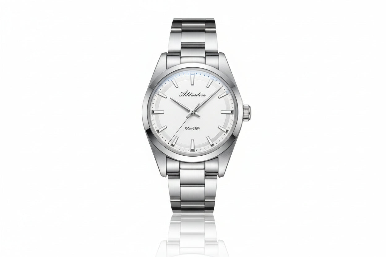ADDIESDIVE AD2066 36MM bubble mirror glass with white dial, silver case and steel oyster bracelet, front view