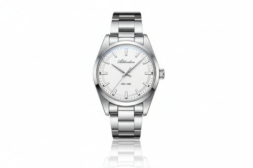 ADDIESDIVE AD2066 36MM bubble mirror glass with white dial, silver case and steel oyster bracelet, front view