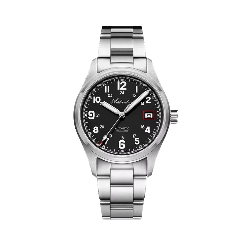 ADDIESDIVE AD2070 automatic field watch with black dial, Arabic numerals, date and steel bracelet, front view