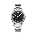 ADDIESDIVE AD2070 automatic field watch with black dial, Arabic numerals, date and steel bracelet, front view