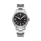 ADDIESDIVE AD2070 automatic field watch with black dial, Arabic numerals, date and steel bracelet, front view