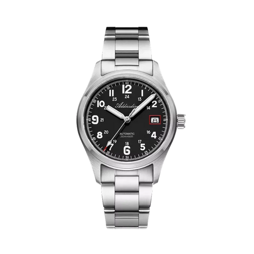 ADDIESDIVE AD2070 automatic field watch with black dial, Arabic numerals, date and steel bracelet, front view