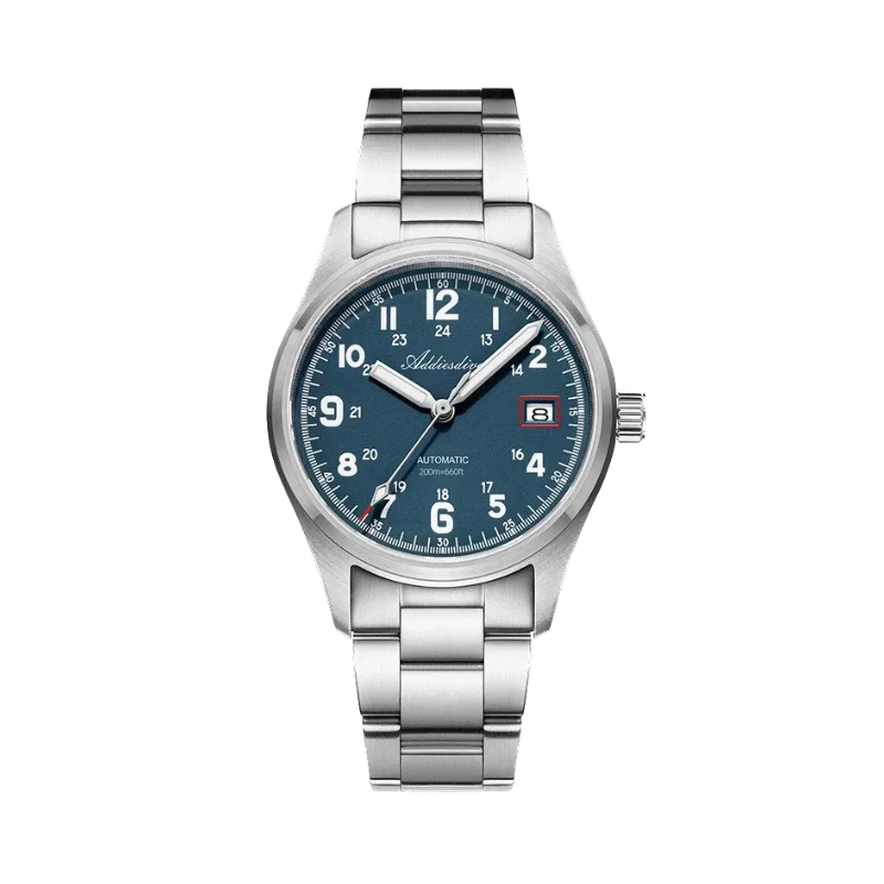 ADDIESDIVE AD2070 automatic field watch with blue dial, Arabic numerals, date and steel bracelet, front view