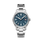 ADDIESDIVE AD2070 automatic field watch with blue dial, Arabic numerals, date and steel bracelet, front view