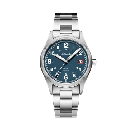 ADDIESDIVE AD2070 automatic field watch with blue dial, Arabic numerals, date and steel bracelet, front view