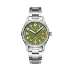 ADDIESDIVE AD2070 automatic field watch with green dial, Arabic numerals, date and steel bracelet, front view