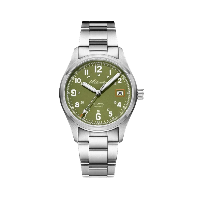 ADDIESDIVE AD2070 automatic field watch with green dial, Arabic numerals, date and steel bracelet, front view