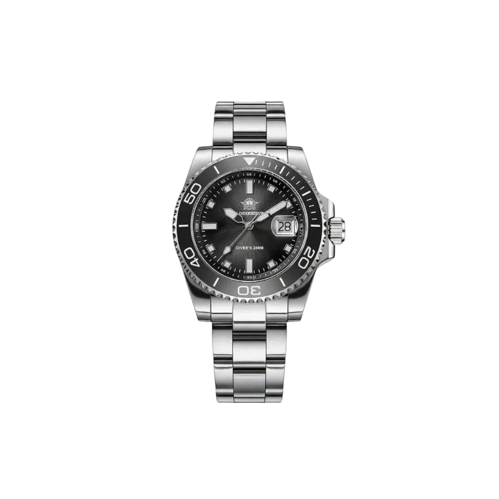 ADDIESDIVE AD2089 Diver's 200M quartz with black sunburst dial, grey bezel and steel oyster bracelet, front view