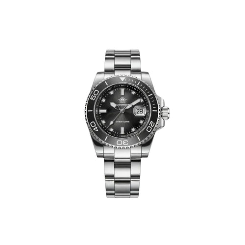 ADDIESDIVE AD2089 Diver's 200M quartz with black sunburst dial, grey bezel and steel oyster bracelet, front view