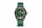 ADDIESDIVE AD2089 Diver's 200M quartz with green sunburst dial, black bezel and green rubber strap, front view