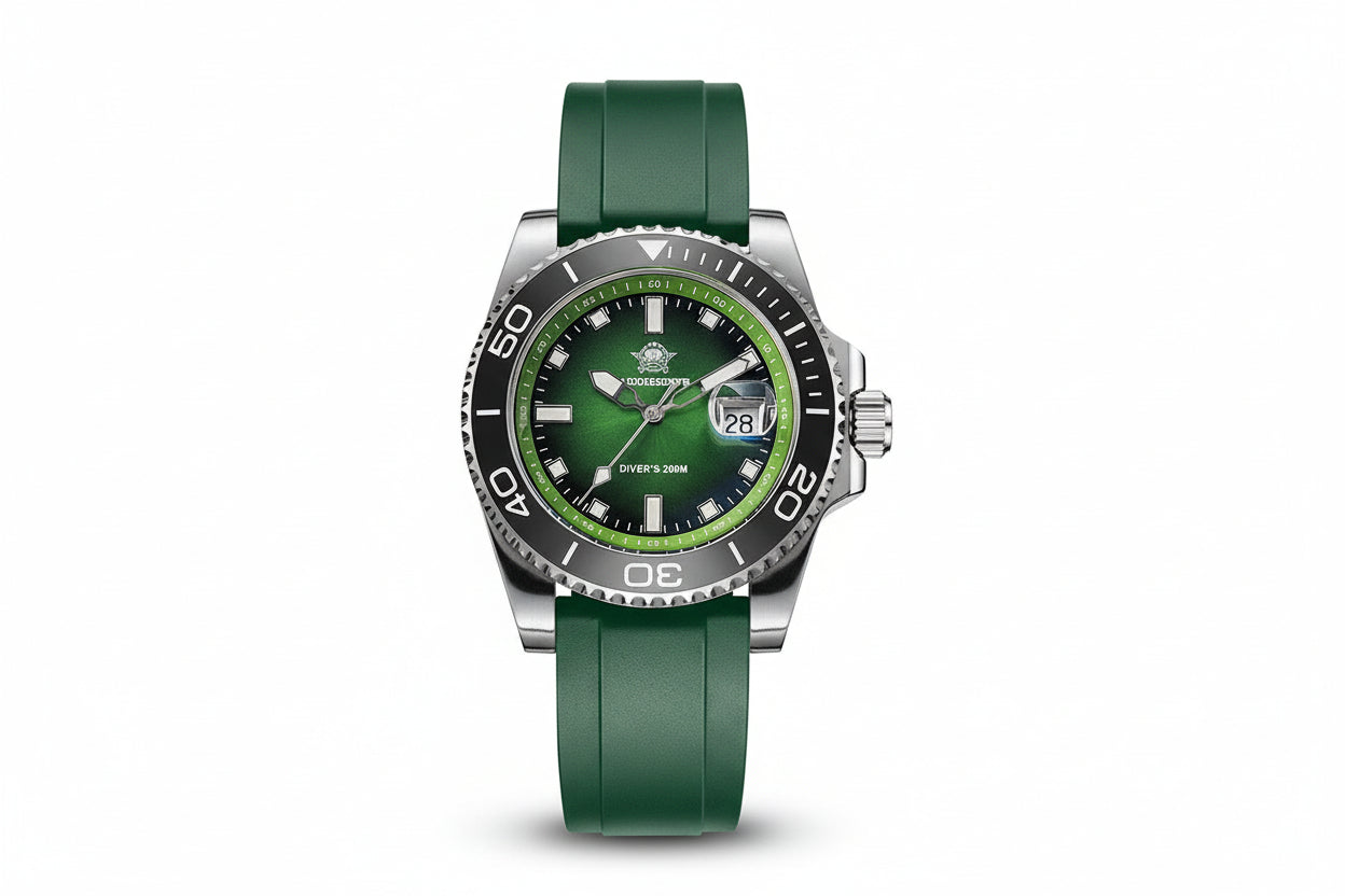 ADDIESDIVE AD2089 Diver's 200M quartz with green sunburst dial, black bezel and green rubber strap, front view