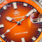 ADDIESDIVE AD2089 Diver's 200M quartz macro close-up of orange sunburst dial showing applied indices and signed sword hands