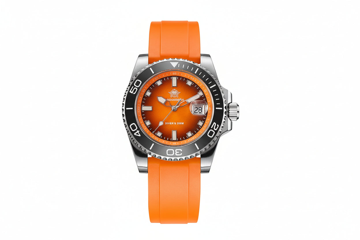 ADDIESDIVE AD2089 Diver's 200M quartz with orange sunburst dial and orange rubber strap, front view