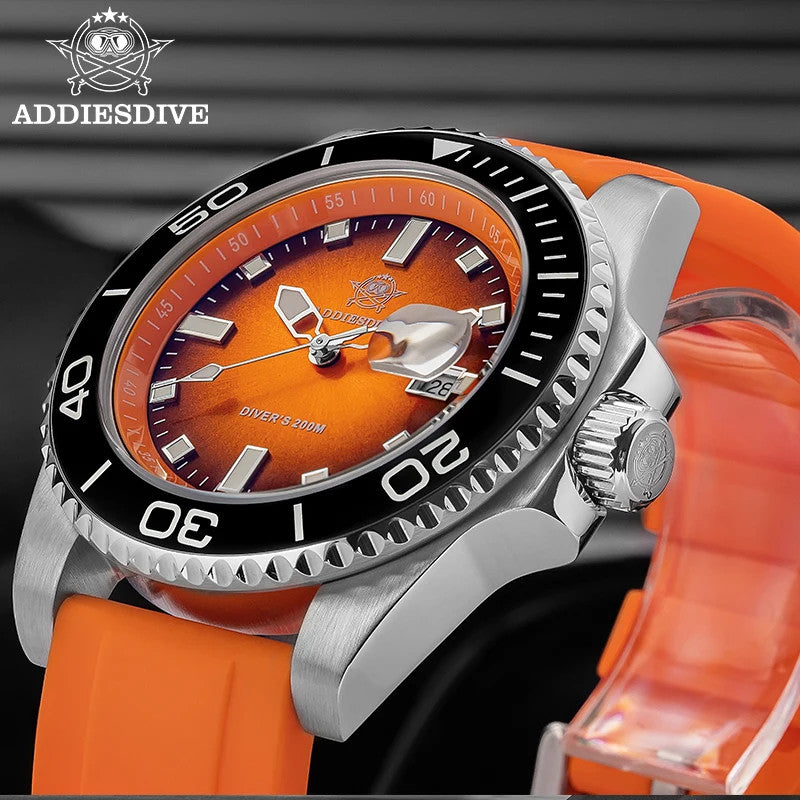 ADDIESDIVE AD2089 Diver's 200M quartz with orange dial and orange rubber strap, lifestyle shot