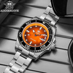 ADDIESDIVE AD2089 Diver's 200M quartz with orange sunburst dial and steel bracelet, angled lifestyle shot