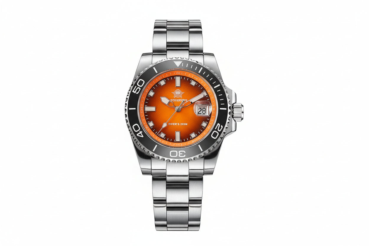 ADDIESDIVE AD2089 Diver's 200M quartz with orange sunburst dial, black bezel and steel oyster bracelet, front view
