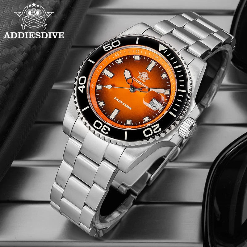 ADDIESDIVE AD2089 Diver's 200M quartz with orange sunburst dial, black bezel and steel oyster bracelet, angled lifestyle shot