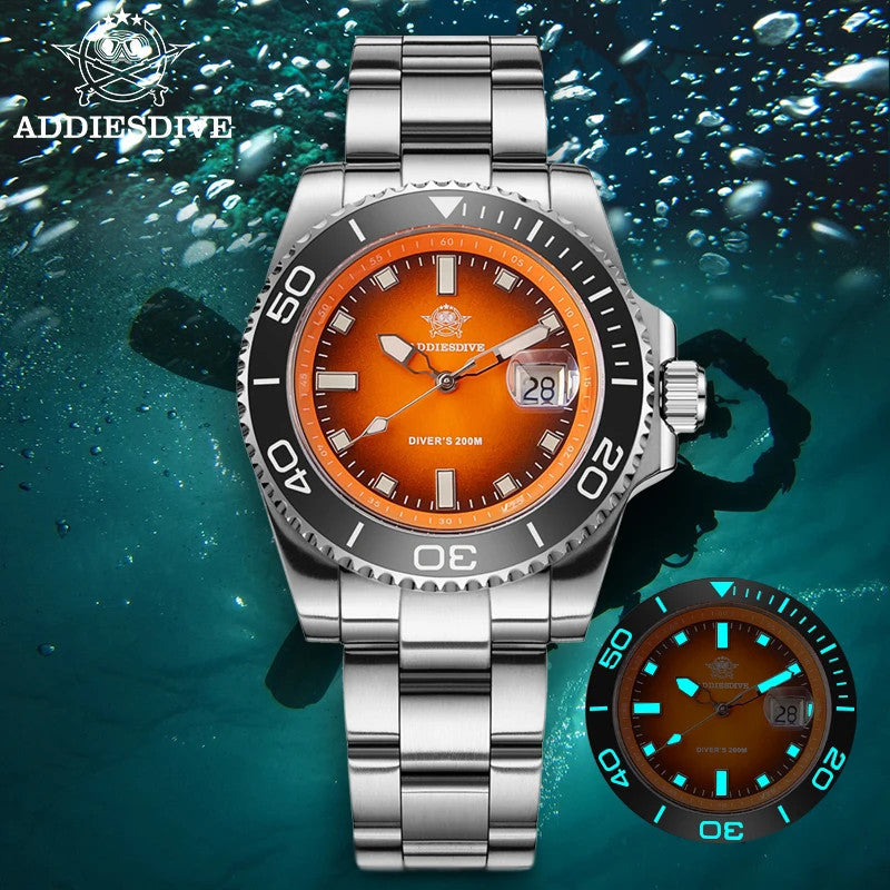 ADDIESDIVE AD2089 Diver's 200M quartz with orange dial and steel bracelet, underwater lifestyle with lume inset