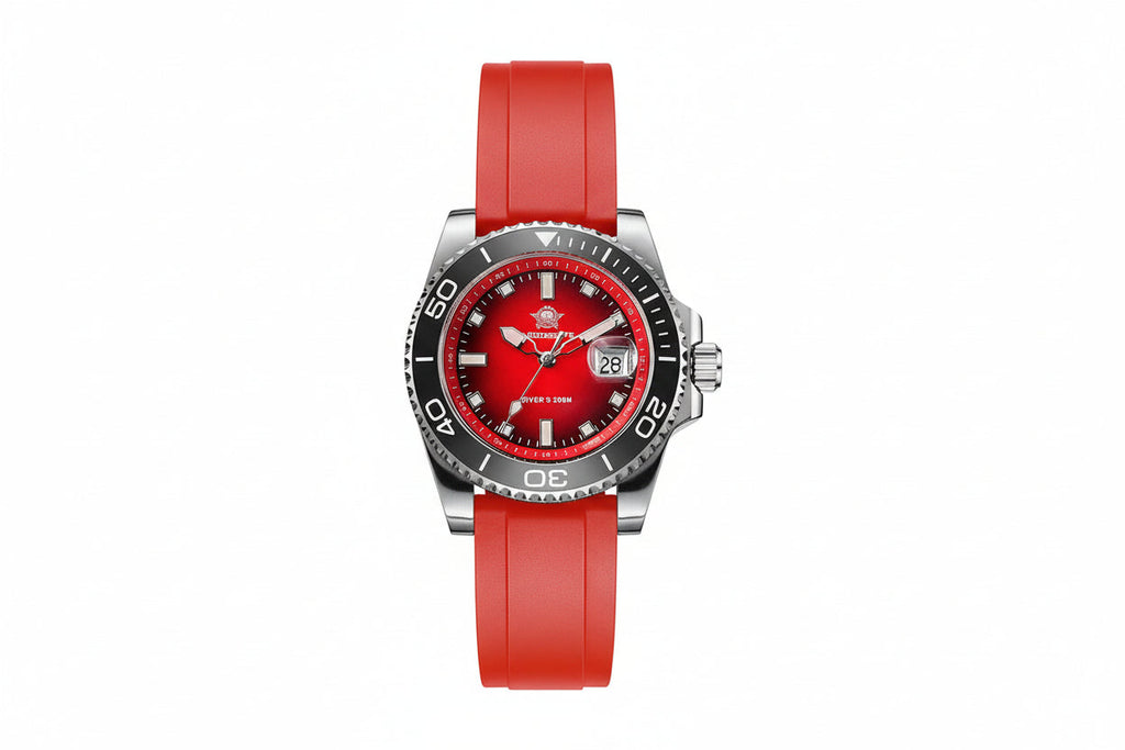 ADDIESDIVE AD2089 Diver's 200M quartz with red sunburst dial, black bezel and red rubber strap, front view