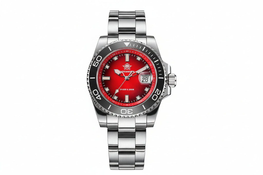 ADDIESDIVE AD2089 Diver's 200M quartz with red sunburst dial and steel oyster bracelet, alternate front view