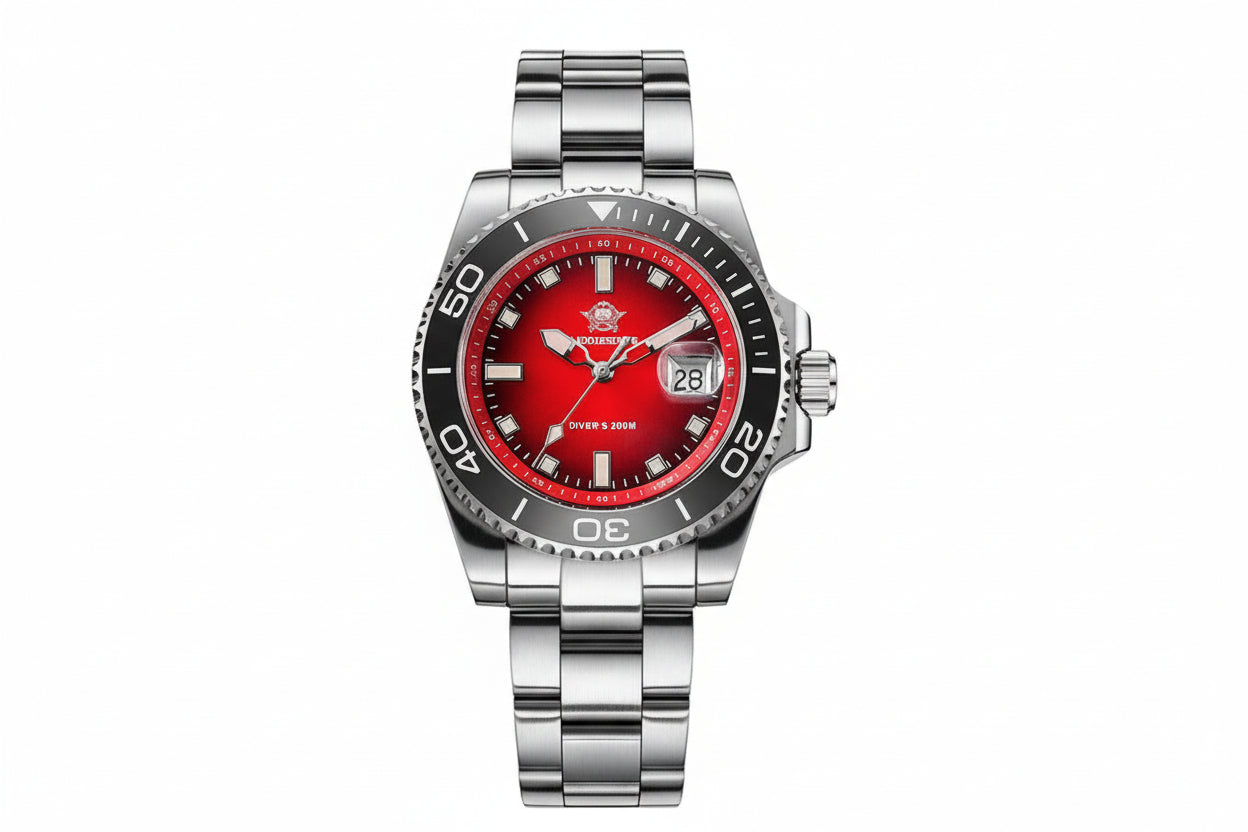 ADDIESDIVE AD2089 Diver's 200M quartz with red sunburst dial and steel oyster bracelet, alternate front view