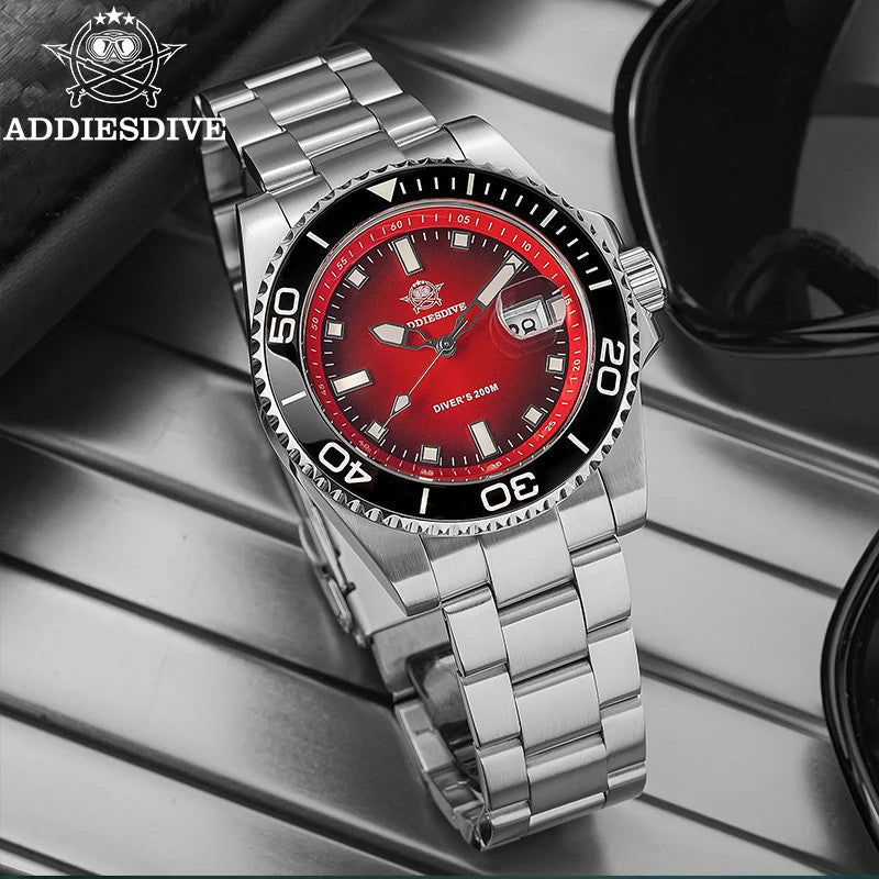 ADDIESDIVE AD2089 Diver's 200M quartz with red sunburst dial, black bezel and steel oyster bracelet, front view