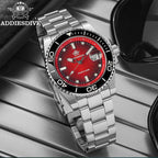 ADDIESDIVE AD2089 Diver's 200M quartz with red sunburst dial, black bezel and steel oyster bracelet, front view
