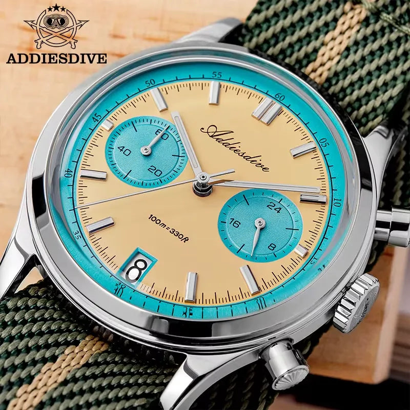 ADDIESDIVE AD2095 quartz chronograph macro close-up of beige dial with teal sub-registers and teal chapter ring