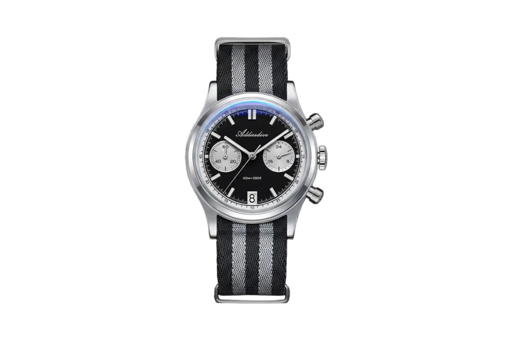 ADDIESDIVE AD2095 quartz chronograph with black dial, white sub-registers and black-grey striped NATO strap, front view