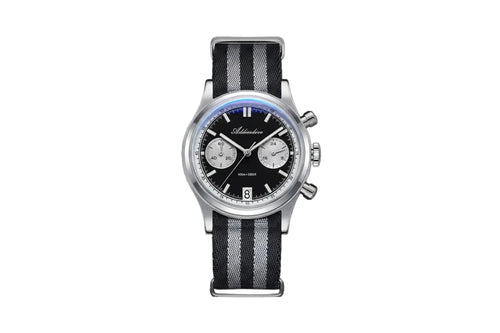 ADDIESDIVE AD2095 quartz chronograph with black dial, white sub-registers and black-grey striped NATO strap, front view