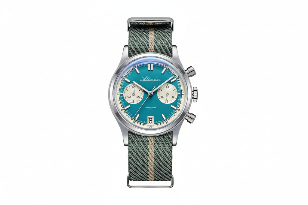 ADDIESDIVE AD2095 quartz chronograph with teal dial, cream sub-registers and green-beige NATO strap, front view