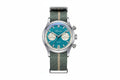 ADDIESDIVE AD2095 quartz chronograph with teal dial, cream sub-registers and green-beige NATO strap, front view