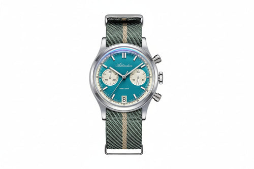 ADDIESDIVE AD2095 quartz chronograph with teal dial, cream sub-registers and green-beige NATO strap, front view