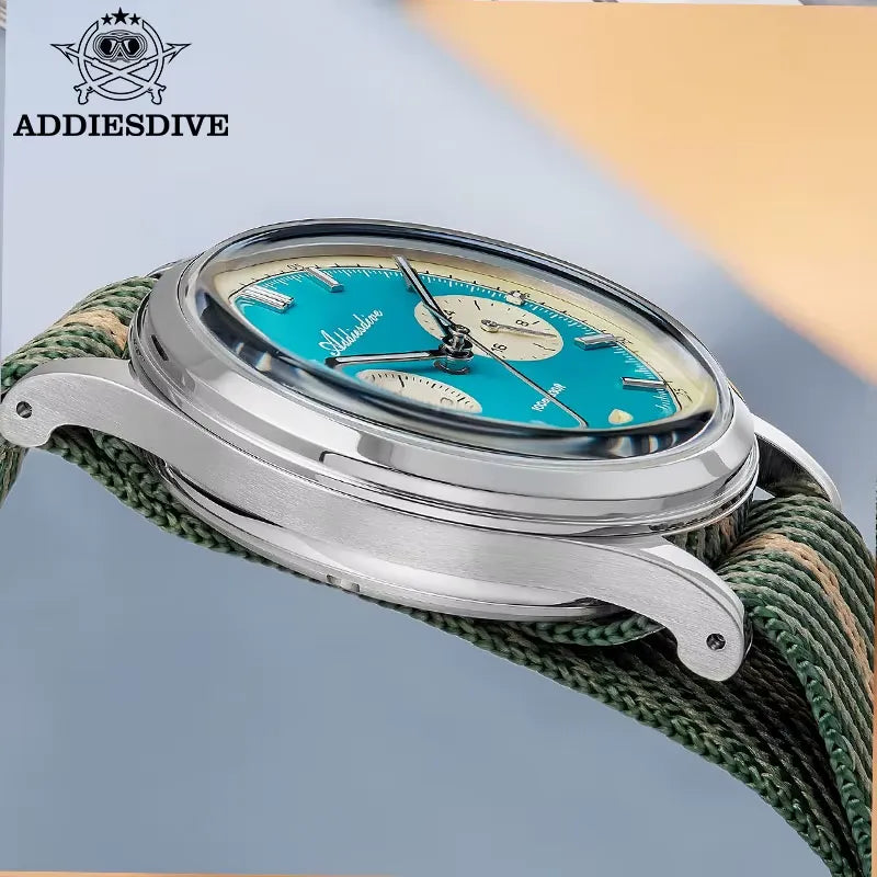 ADDIESDIVE AD2095 quartz chronograph with teal dial and green-beige NATO strap, side profile showing case and pushers