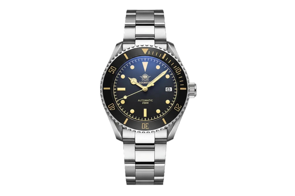 ADDIESDIVE AD2101 vintage automatic dive watch with black dial, cream lume markers and steel oyster bracelet, front view