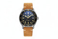 ADDIESDIVE AD2101 vintage automatic dive watch with black dial, cream lume markers and tan suede leather strap, front view