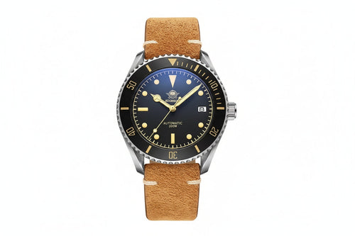 ADDIESDIVE AD2101 vintage automatic dive watch with black dial, cream lume markers and tan suede leather strap, front view