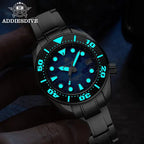 ADDIESDIVE AD2102 NH35 automatic dive watch with blue dial showing bright cyan luminous hands and markers held in hand