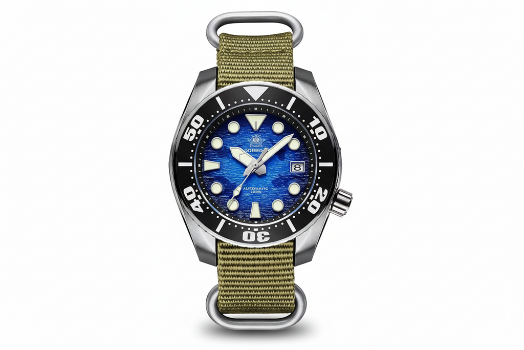 ADDIESDIVE AD2102 NH35 automatic dive watch with blue dial, black bezel and olive green NATO strap, front view