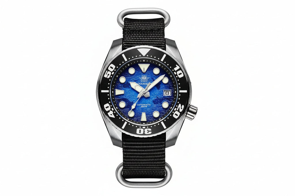 ADDIESDIVE AD2102 NH35 automatic dive watch with blue wave dial and olive green NATO strap, front view