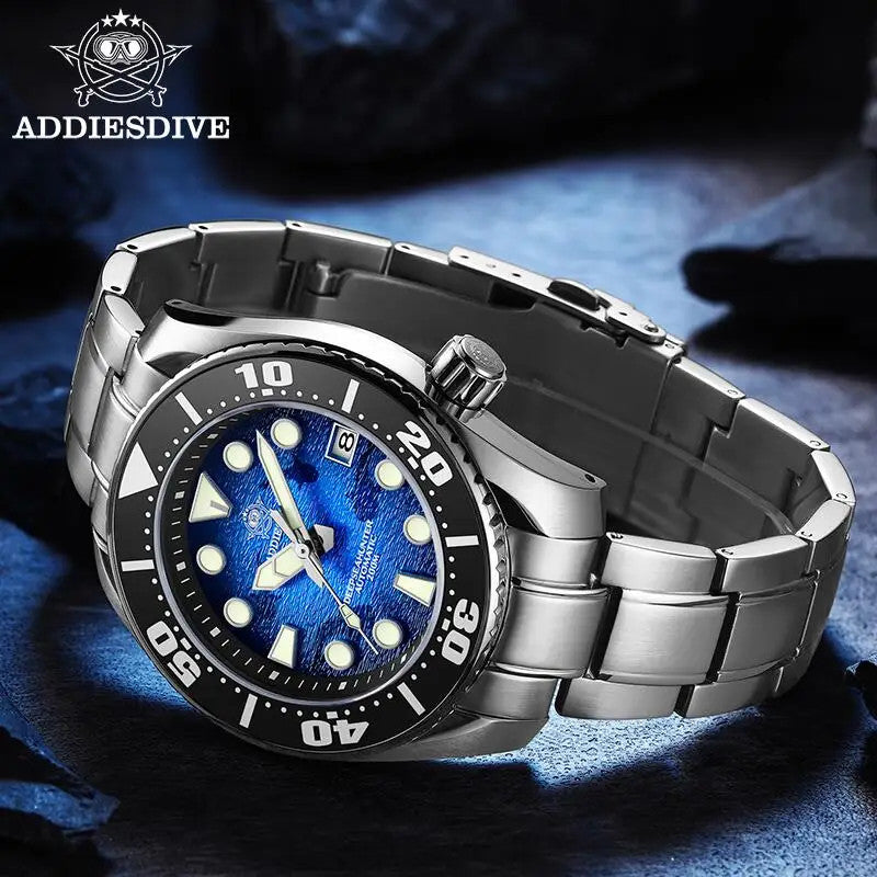 ADDIESDIVE AD2102 NH35 automatic dive watch with blue wave dial and black NATO strap, front view