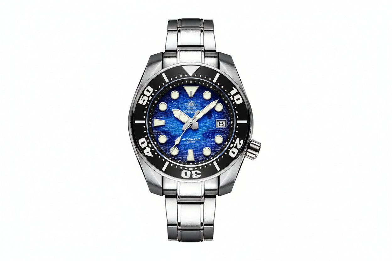 ADDIESDIVE AD2102 NH35 automatic dive watch with blue wave dial and black rubber strap, front view